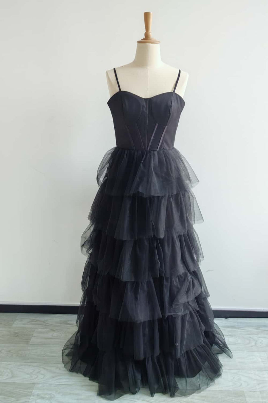 US 4 Black Tulle Tiered Long Maxi Dress