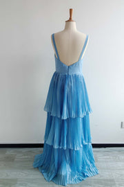 US 4 Blue Chiffon Pleated Long Dress