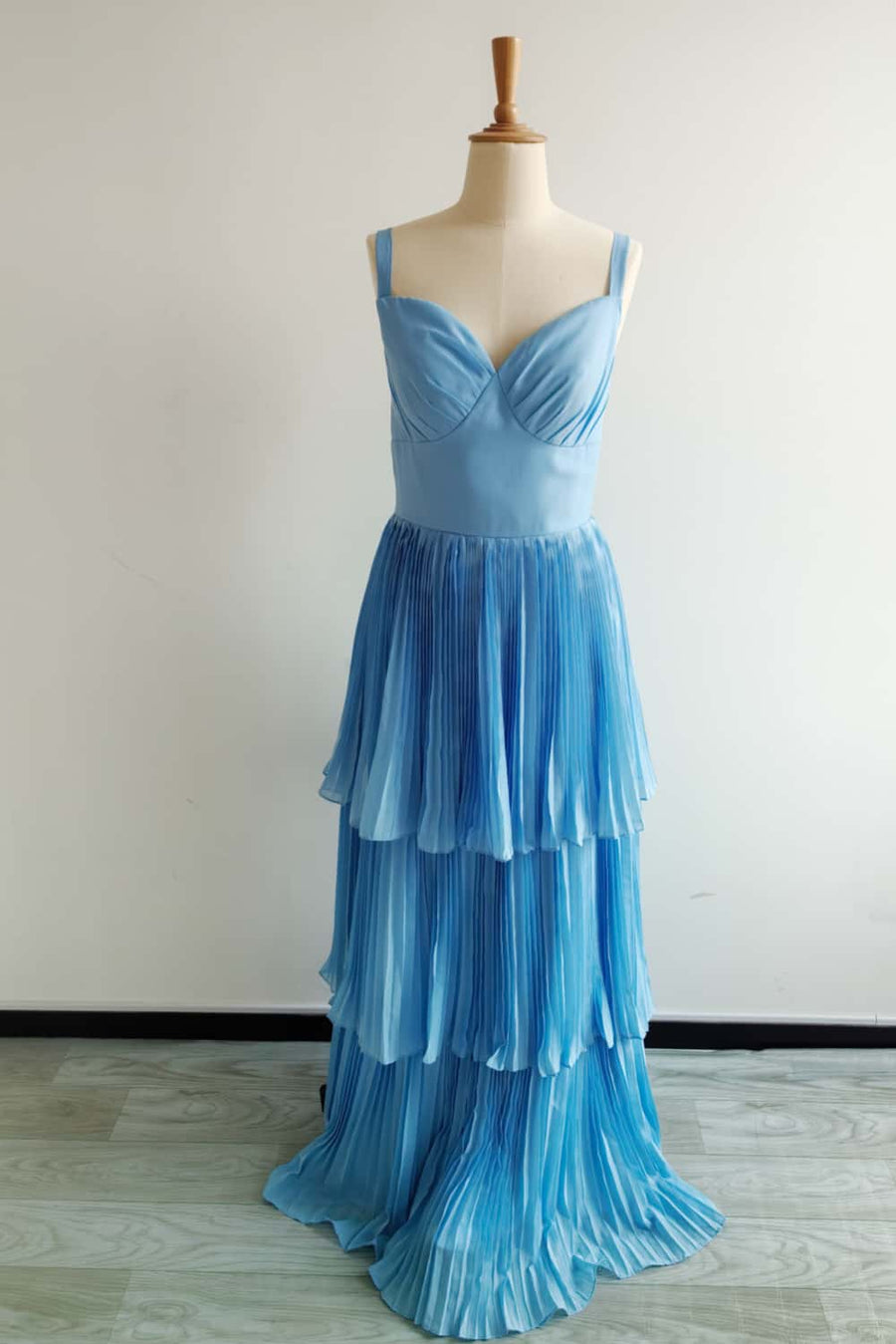 US 4 Blue Chiffon Pleated Long Dress