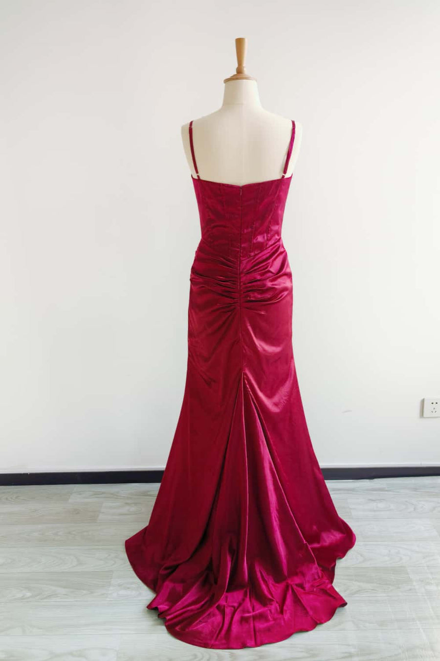 US 4 Straps Wine Red Satin Ruched Prom Dress