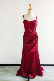 US 4 Straps Wine Red Satin Ruched Prom Dress