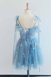 US 4 Blue Floral Ruffle A-line Short Dress