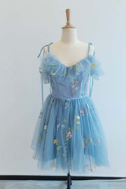 US 4 Blue Floral Ruffle A-line Short Dress