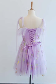 US 4 Lavender Floral Ruffle A-line Short Dress