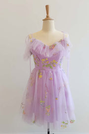 US 4 Lavender Floral Ruffle A-line Short Dress