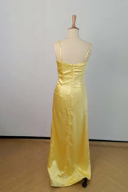 US 4 Straps Yellow Ruched Satin Fitted Dress