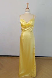 US 4 Straps Yellow Ruched Satin Fitted Dress