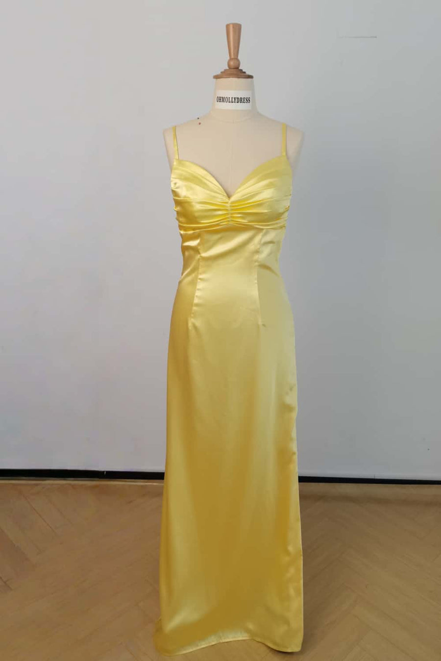 US 4 Straps Yellow Ruched Satin Fitted Dress