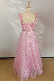 US 4 Cap Sleeves Pink Floral A-line Dress