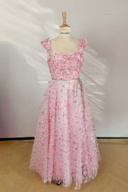 US 4 Cap Sleeves Pink Floral A-line Dress