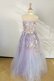 US 4 Strapless Lavender Floral A-line Dress