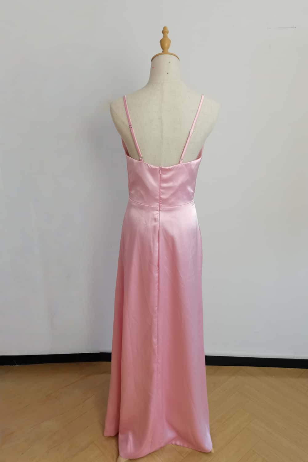 US 4 Deep V Neck Pink Satin Long Dress