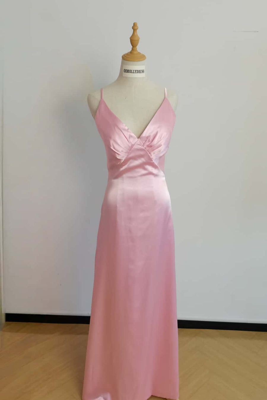 US 4 Deep V Neck Pink Satin Long Dress