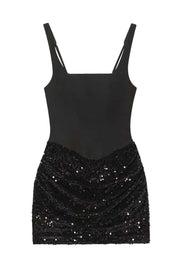 Square Neck Burgundy Sequin Ruched Mini Dress