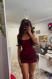 Square Neck Burgundy Sequin Ruched Mini Dress
