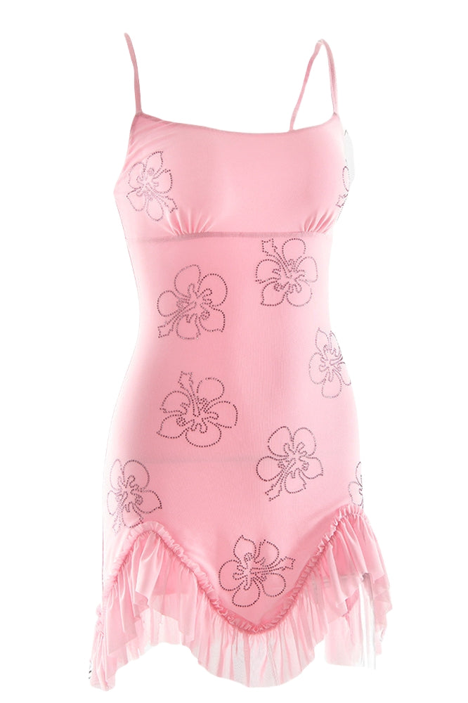 Straps Pink Floral Beaded Ruffled Short Dress