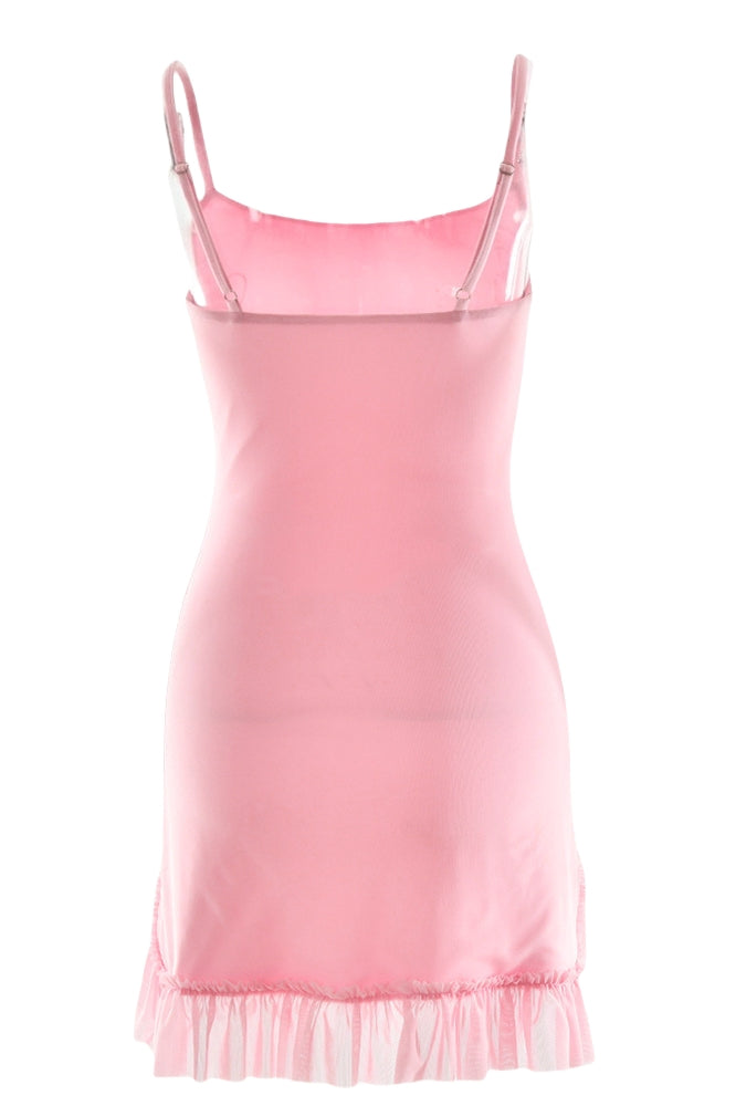 Straps Pink Floral Beaded Ruffled Short Dress