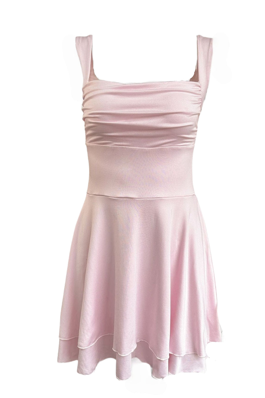 Square Neck Pink Tiered A-line Short Dress