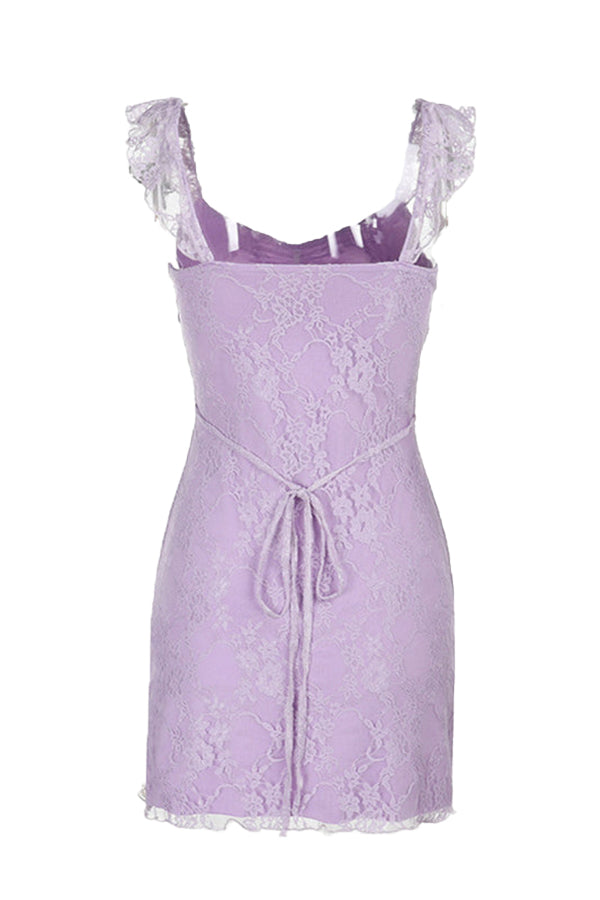 Ruffle Sleeve Purple Lace Short Dress