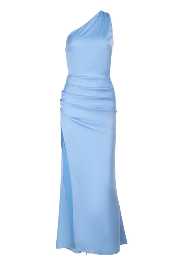 One Shoulder Blue Ruched Slit Long Dress