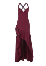 V-neck Wine Red Ruffle Long Party Dress