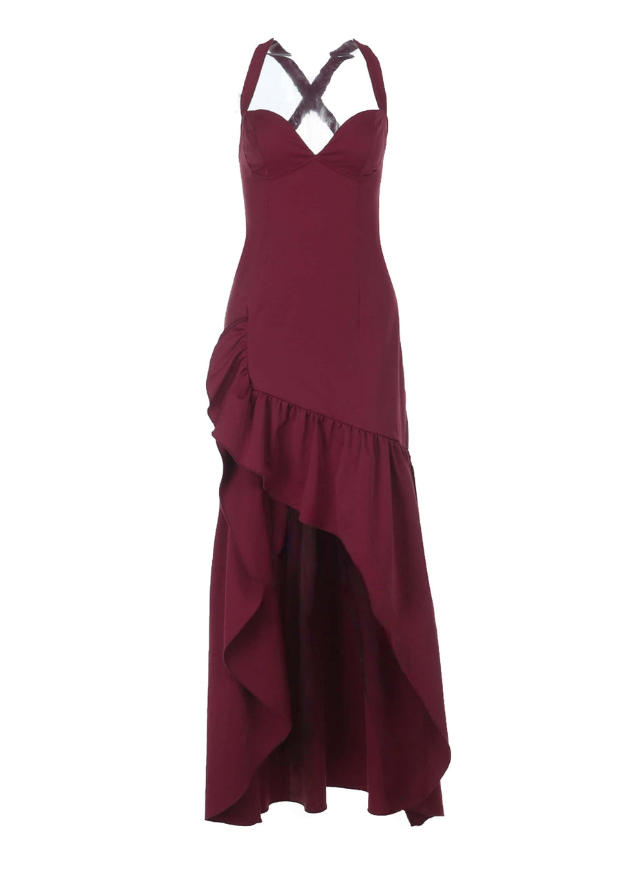 V-neck Wine Red Ruffle Long Party Dress