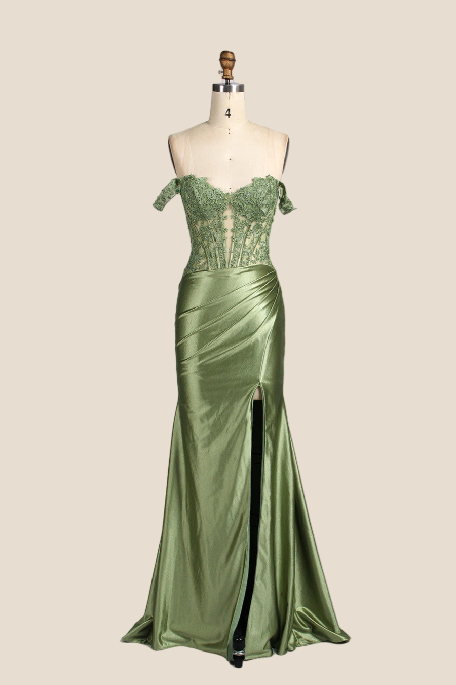 Off Shoulder Sage Appliques Long Dress with Slit