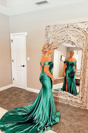 Off the Shoulder Light Blue Satin Mermaid Prom Dress
