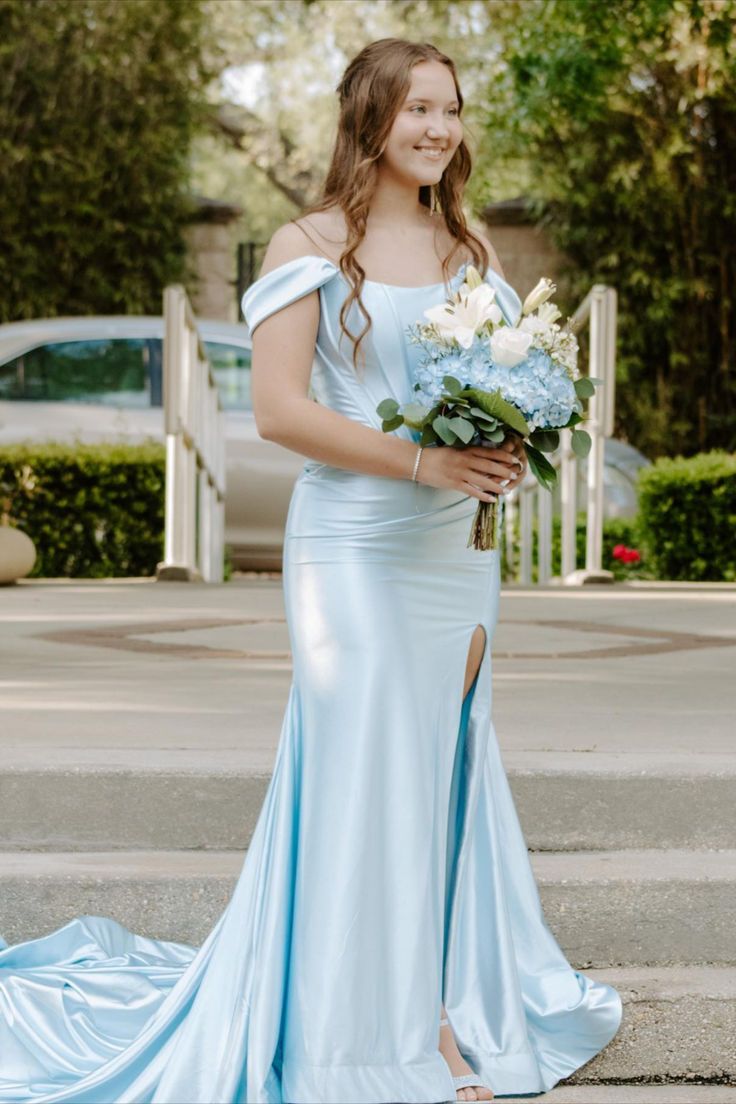 Off the Shoulder Light Blue Satin Mermaid Prom Dress