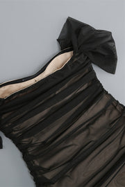 Off the Shoulder Black Ruched Fitted Long Dress