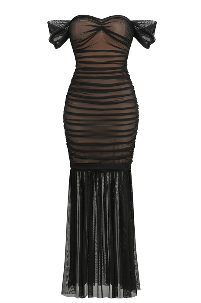 Off the Shoulder Black Ruched Fitted Long Dress