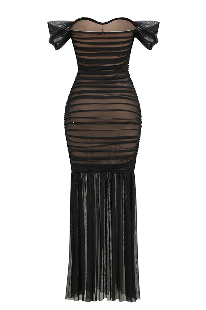 Off the Shoulder Black Ruched Fitted Long Dress