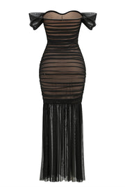 Off the Shoulder Black Ruched Fitted Long Dress