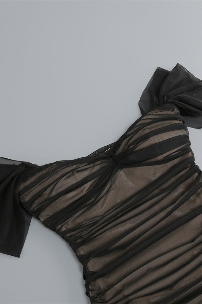 Off the Shoulder Black Ruched Fitted Long Dress