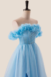 Off the Shoulder Blue A-line Long Princess Dress