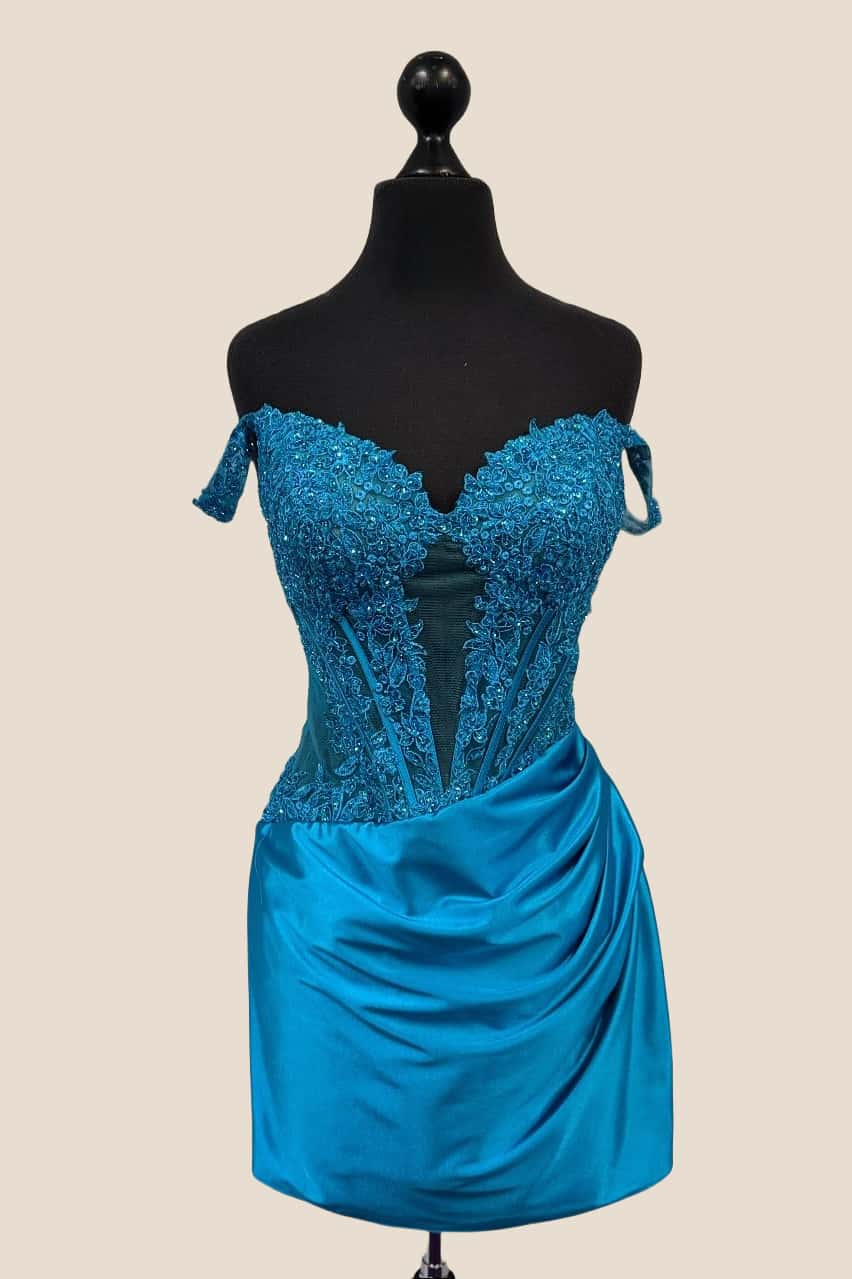 Off the Shoulder Blue Appliques Ruched Short Dress