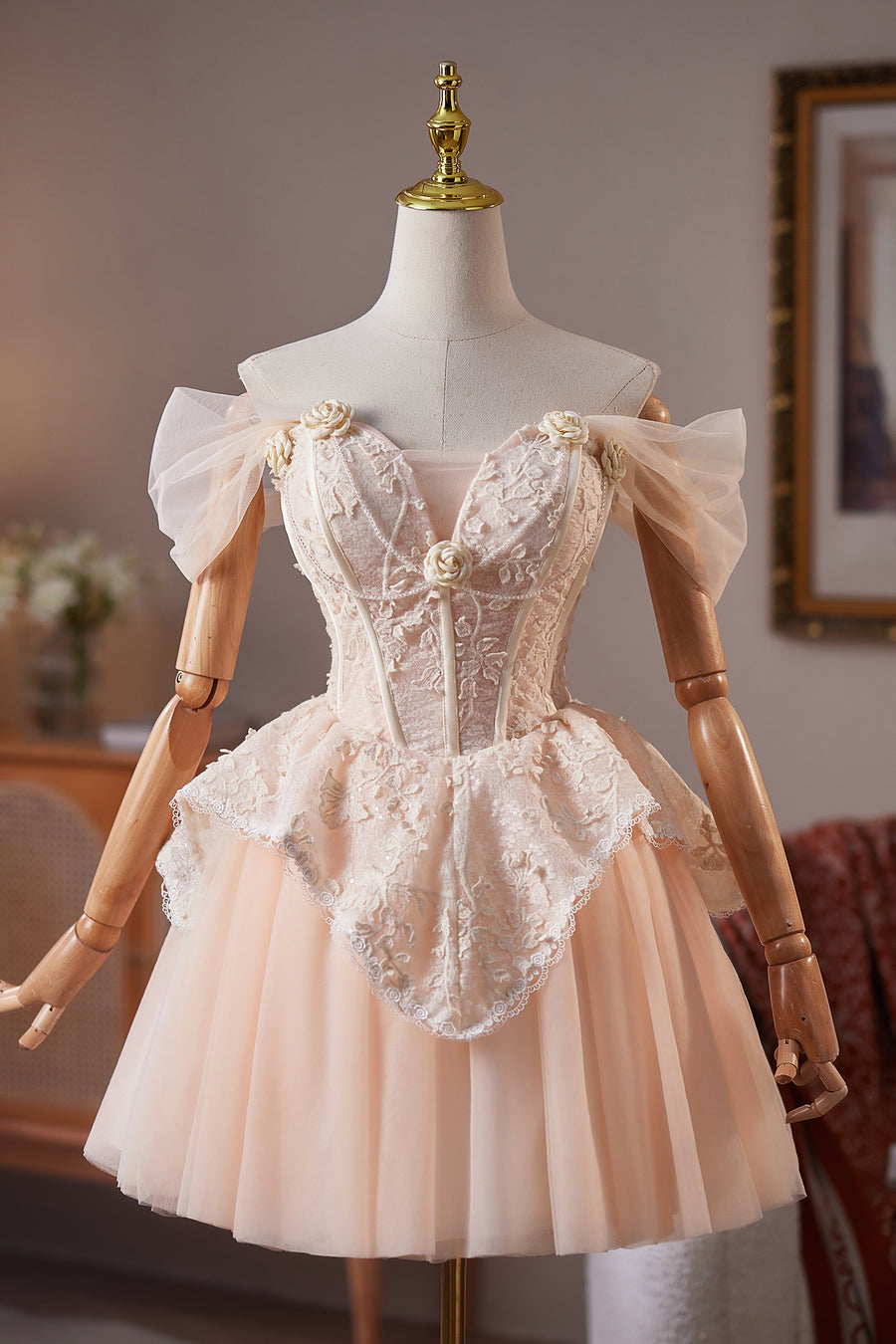 Off the Shoulder Champagne Ruffle Short Dress