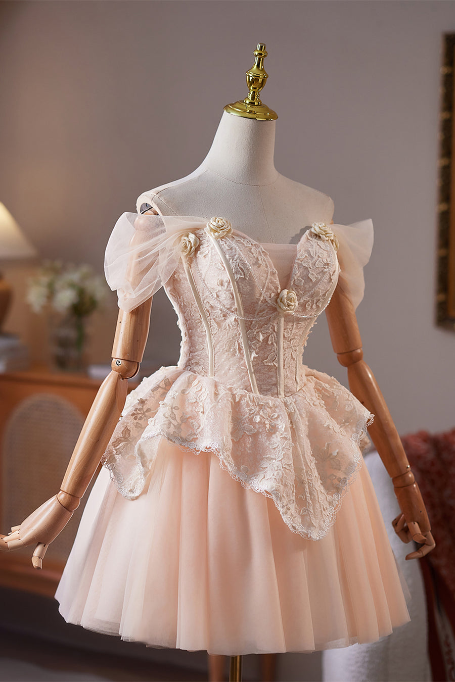 Off the Shoulder Champagne Ruffle Short Dress