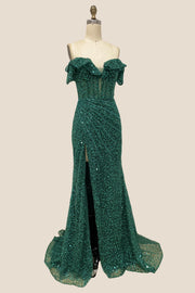 Off the Shoulder Emerald Sequin Long Dress