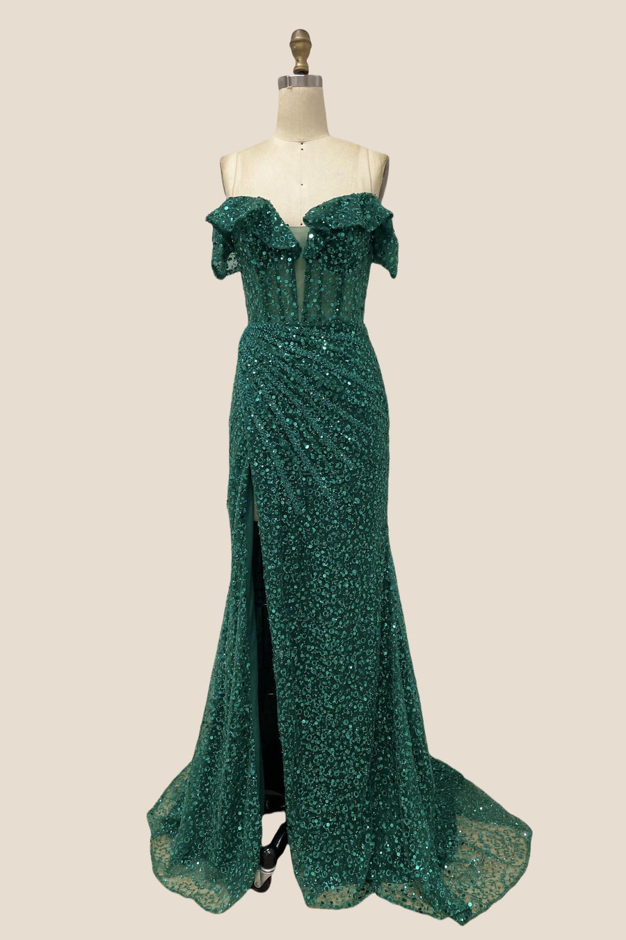 Off the Shoulder Emerald Sequin Long Dress