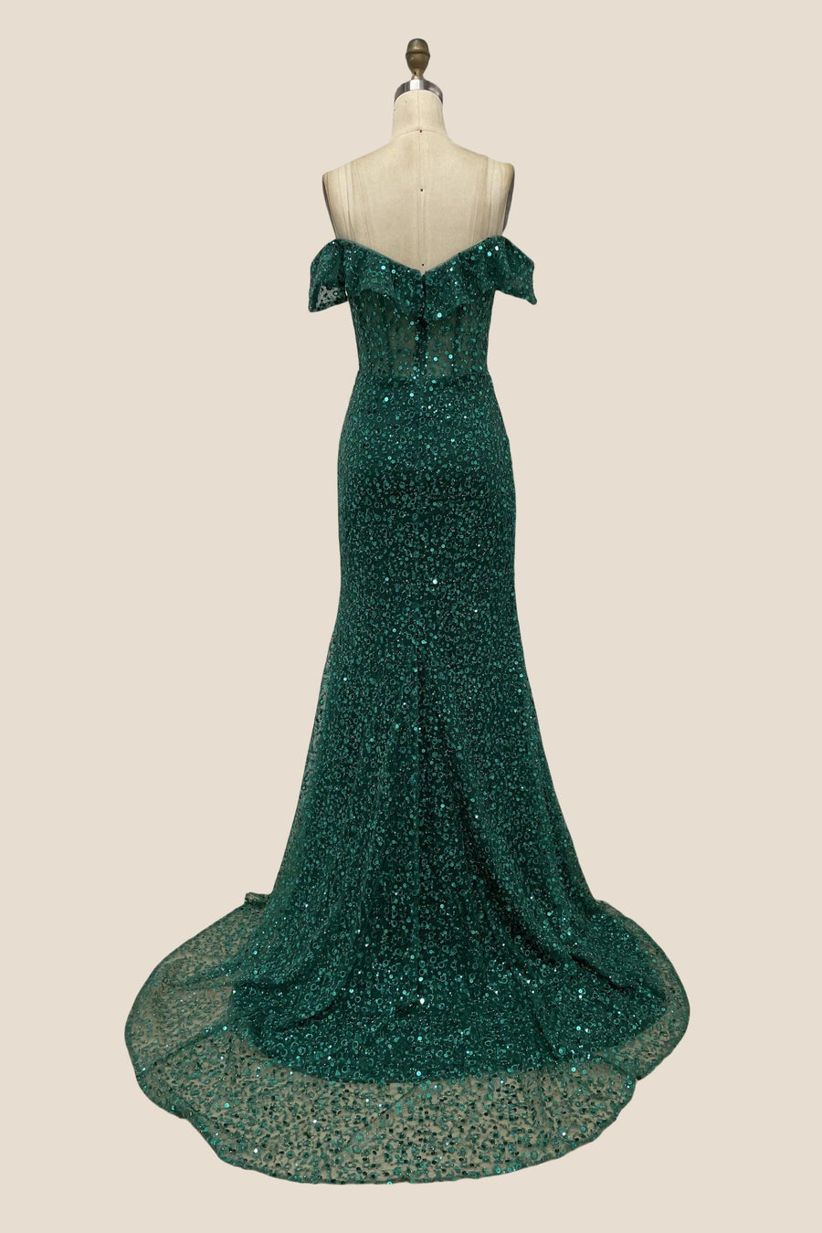 Off the Shoulder Emerald Sequin Long Dress