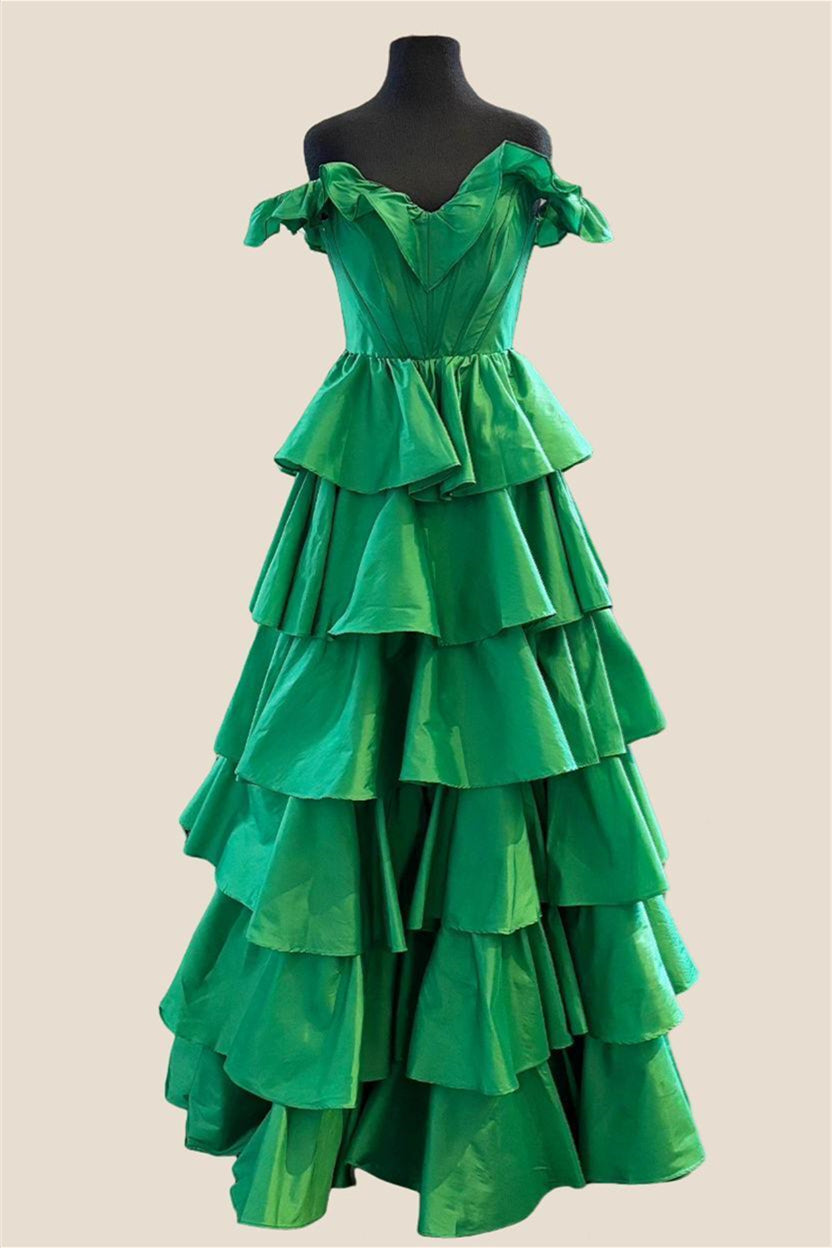 Off the Shoulder Emerald Tiered Long Dress with Slit