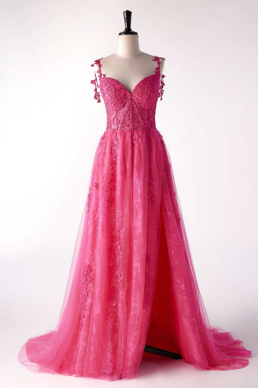 Off the Shoulder Hot Pink Lace A-line Formal Dress