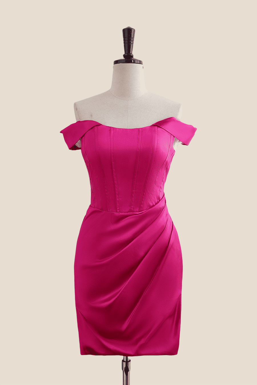 Off the Shoulder Hot Pink Ruched Tight Short Dress