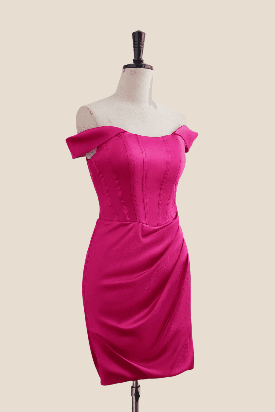 Off the Shoulder Hot Pink Ruched Tight Short Dress