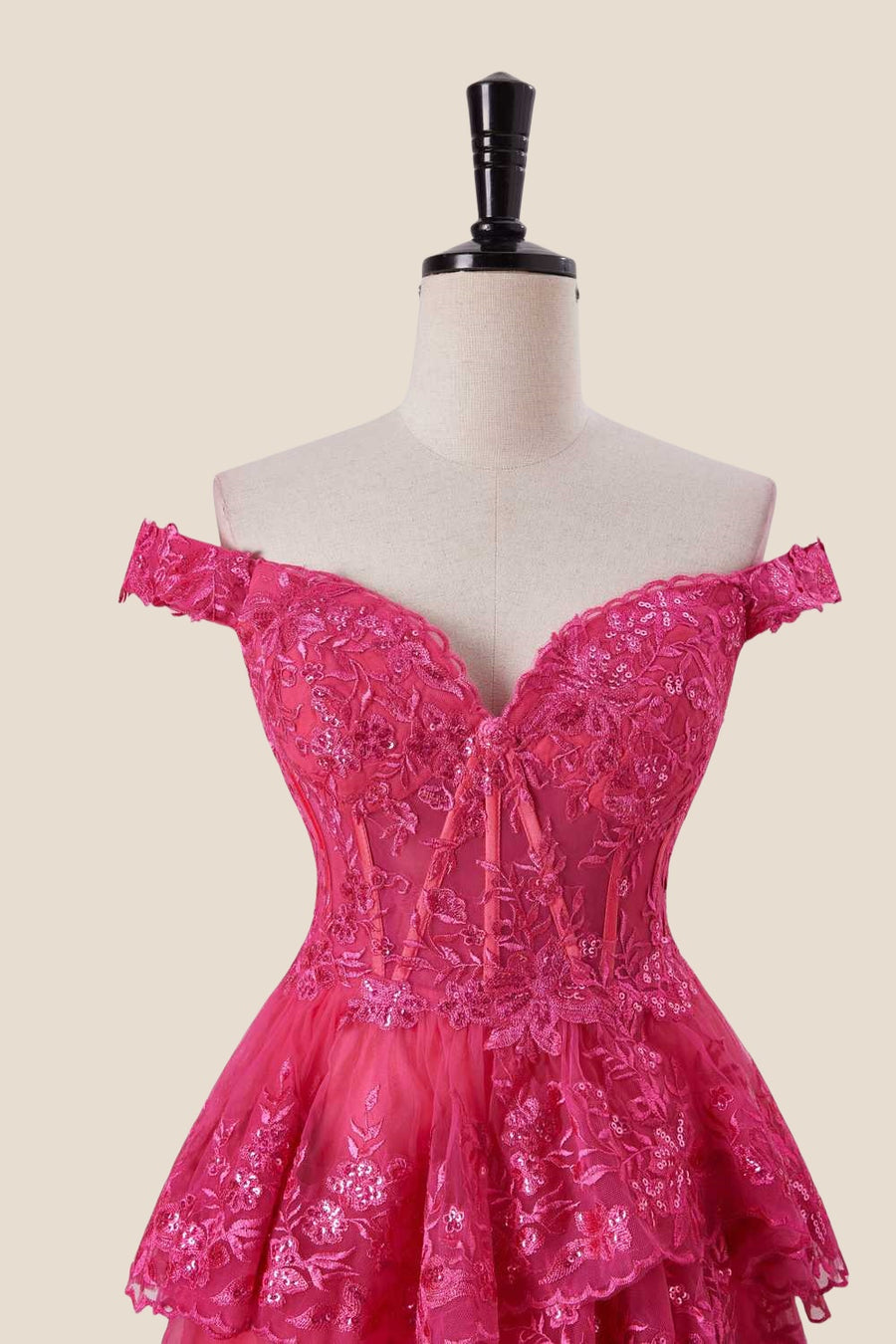 Off the Shoulder Hot Pink Appliques Ruffles Long Dress