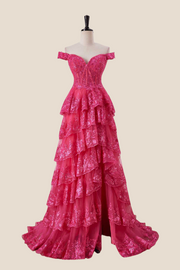 Off the Shoulder Hot Pink Appliques Ruffles Long Dress