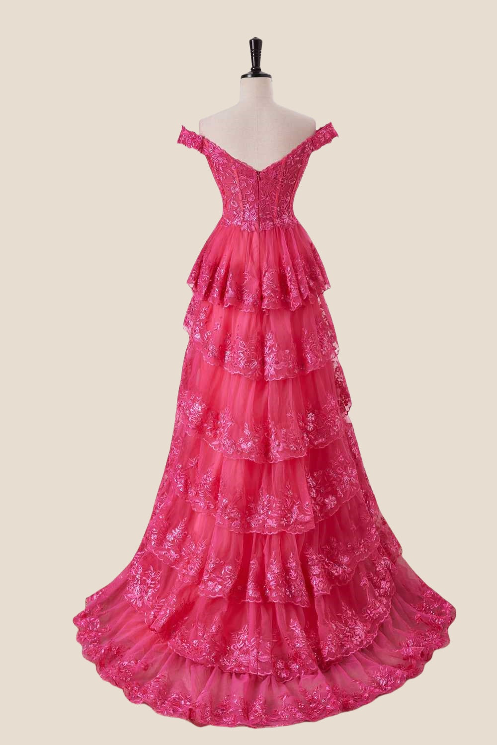 Off the Shoulder Hot Pink Appliques Ruffles Long Dress