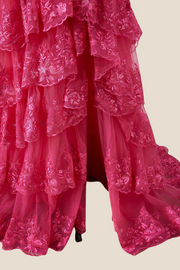 Off the Shoulder Hot Pink Appliques Ruffles Long Dress