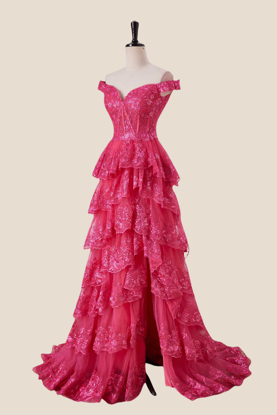 Off the Shoulder Hot Pink Appliques Ruffles Long Dress